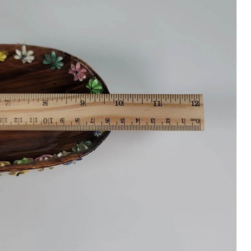 Elbee Italy Pottery MCM Hand Painted Flower Rim Faux Wood Grain Oval Bowl 9.5in